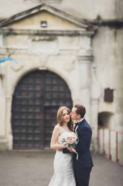 Mutlu düğün kaç sarılma ve birbirlerine arka plan eski kale üzerinde gülümseyen — Stok fotoğraf
