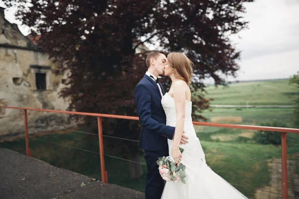 Feliz casamento casal abraçando e sorrindo uns aos outros no fundo velho castelo — Fotografia de Stock