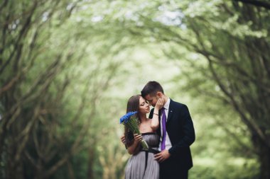 Seven çift. Oğlan ve kız güzel parkta yürüyüş