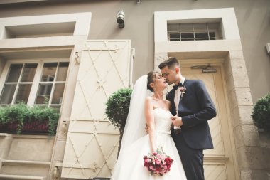 Lüks evli çift, gelin ve damat eski şehirde poz veriyor.