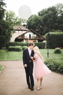 Sevgi dolu birkaç arka plan üzerinde batan güneşin. Yeni evli. Gün batımında yürümek