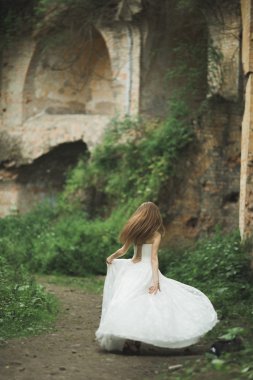 Muhteşem romantik zarif stil güzel beyaz gelin arka planda antik barok kalesinde