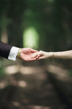 Gelin ve damat el ele tutuşuyor.