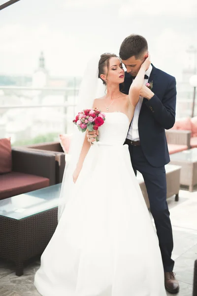 Coppia perfetta sposa, sposo posa e baci nel loro giorno del matrimonio — Foto Stock