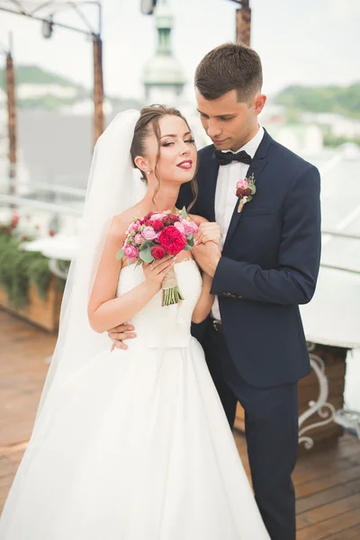 Coppia perfetta sposa, sposo posa e baci nel loro giorno del matrimonio — Foto Stock