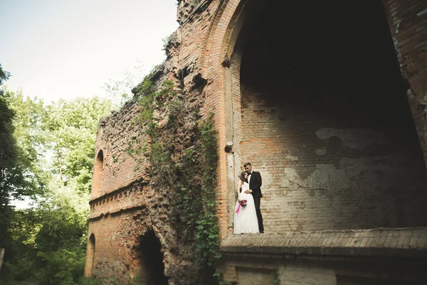 Sensuale coppia sposata, valentini che si abbracciano davanti al vecchio castello slavo — Foto Stock