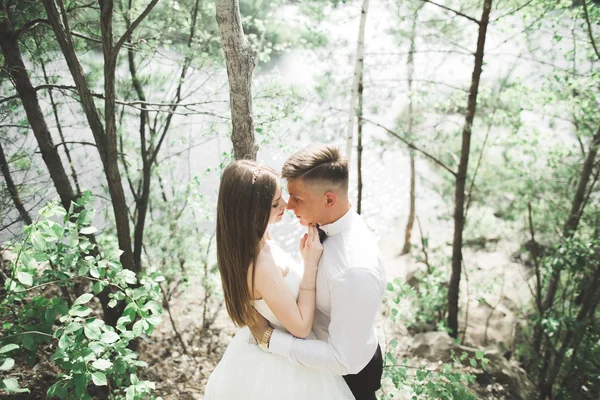 Casamento casal homem, noiva beijando e abraçando em um fundo do rio, montanhas. Retrato de beleza — Fotografia de Stock