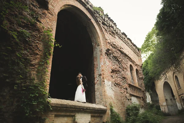 美丽的童话新婚夫妇拥抱在古老的中世纪城堡附近 — 图库照片