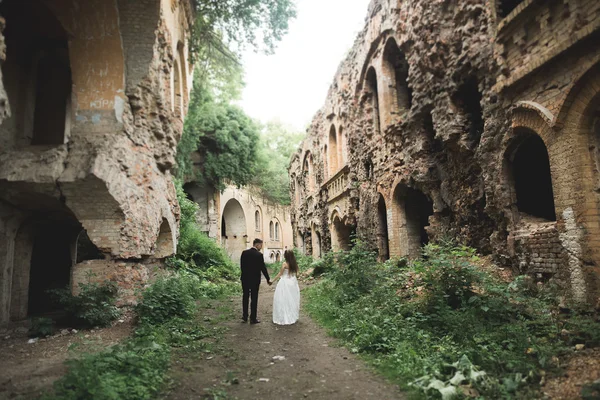 有情欲的夫妻，情人在旧的奴隶城堡前拥抱 — 图库照片
