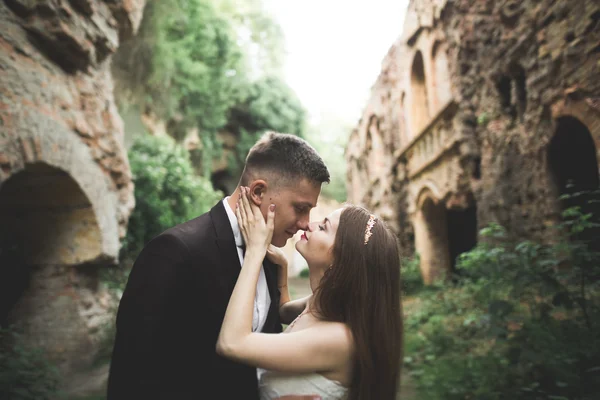 Sensual married couple, valentines hugging in front of old slavic castle — Stock Photo, Image