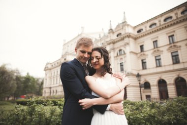 Güzel düğün çift, Gelin, damat öpüşme ve tiyatro arka planı sarılma