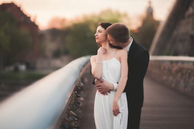 Muhteşem düğün çift, gelin ve damat Krakow Bridge'de poz