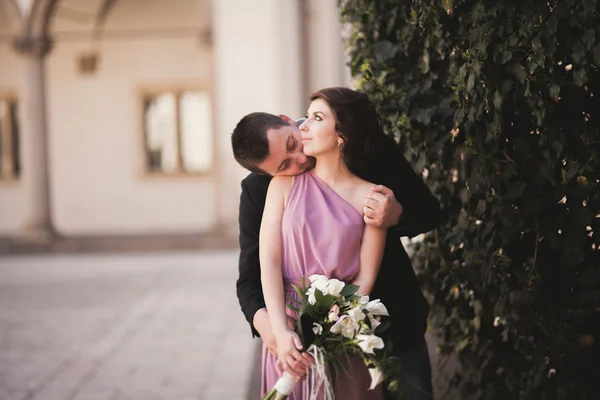 Casal feliz casamento, noivo, noiva com vestido rosa abraçando e sorrindo uns aos outros nas paredes de fundo no castelo — Fotografia de Stock