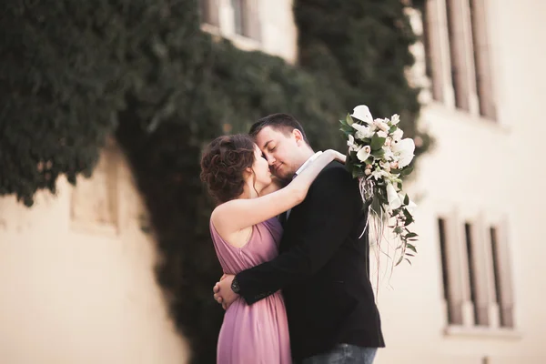 Όμορφο ζευγάρι, άνθρωπος, κορίτσι με καιρό ροζ φόρεμα που θέτουν σε παλιό κάστρο κοντά σε στήλες. ΒΑΒΕΛ: Κρακοβία — Φωτογραφία Αρχείου