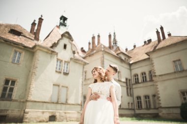 Mutlu düğün kaç sarılma ve birbirlerine arka plan eski kale üzerinde gülümseyen