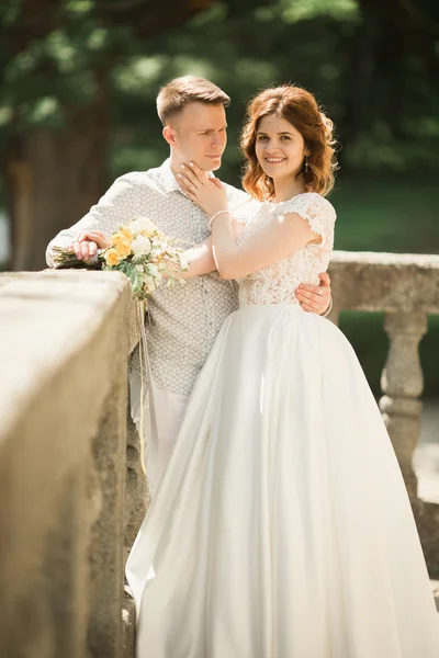 Casal romântico bonito casal de recém-casados abraçando no parque no pôr do sol — Fotografia de Stock