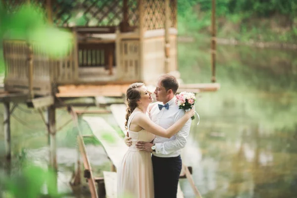 Свадебная пара обнимается и целуется на мосту — стоковое фото