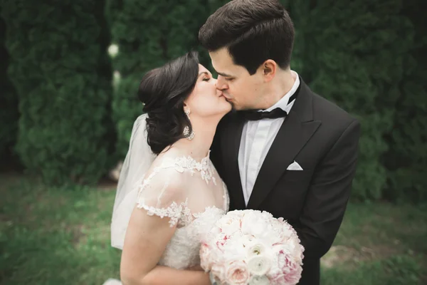 Elegante pareja de recién casados felices caminando en el parque el día de su boda con ramo —  Fotos de Stock