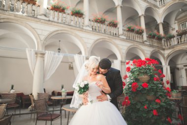 Mükemmel bir çift gelin ve damat düğün günlerinde poz verip öpüşürler.