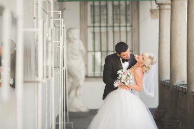 Lüks evli çift, gelin ve damat eski şehirde poz veriyor.