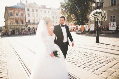 Mükemmel bir çift gelin ve damat düğün günlerinde poz verip öpüşürler.