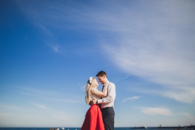 Sevimli gelin, manzara, dağlar ve denizin muhteşem Düğün çifti üzerinde zarif damat