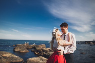 Deniz, mavi gökyüzü yakınındaki taş poz romantik sevgi dolu Çift