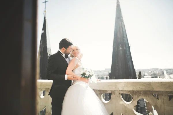 Wunderschönes Hochzeitspaar zu Fuß in der Altstadt von Lviv — Stockfoto
