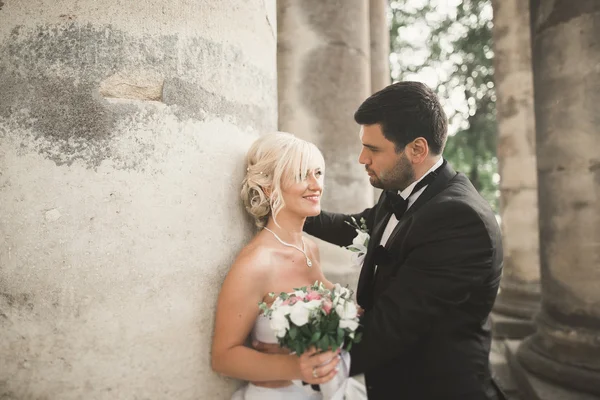 Bella coppia di sposi romantici che si abbracciano vicino al vecchio castello — Foto Stock