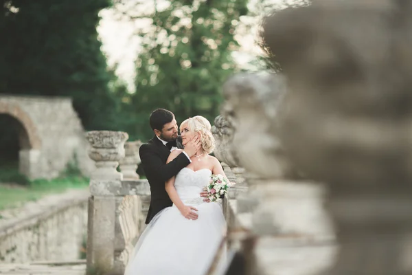 Bella coppia di sposi romantici che si abbracciano vicino al vecchio castello — Foto Stock