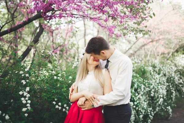 Casal feliz bonito elegante beijando e abraçando no Jardim Botânico — Fotografia de Stock