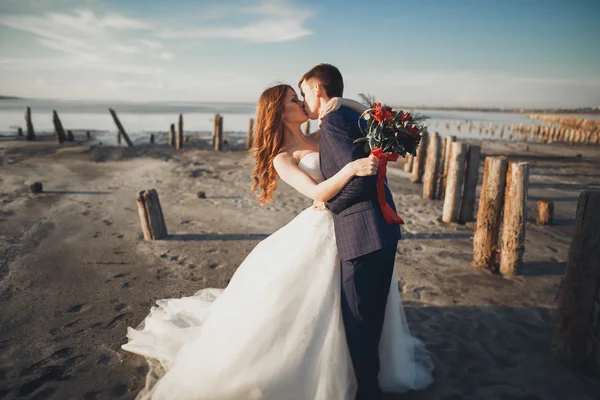 Élégant couple de mariage heureux élégant, mariée, marié magnifique sur le fond de la mer et le ciel — Photo
