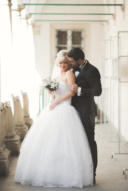 Lüks evli çift, gelin ve damat eski şehirde poz veriyor.