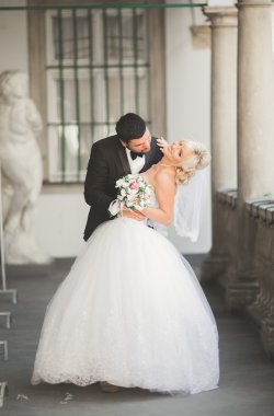 Lüks evli çift, gelin ve damat eski şehirde poz veriyor.