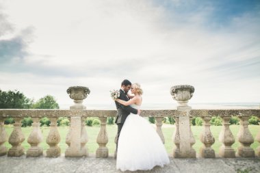 Güzel, romantik bir düğün. Yeni evliler. Eski kalenin yakınlarında sarılıyorlar.