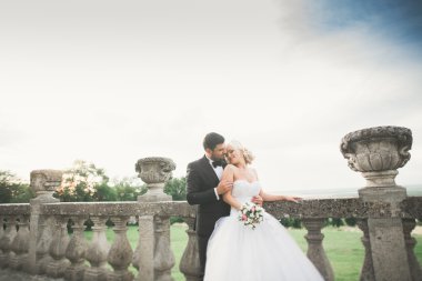 Şehvetli evli çift, eski Slav kalesinin önünde sevgililer günü kucaklaşması.