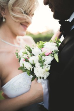 Düğün, güzel romantik gelin ve damat öpüşme günbatımında kucaklayan