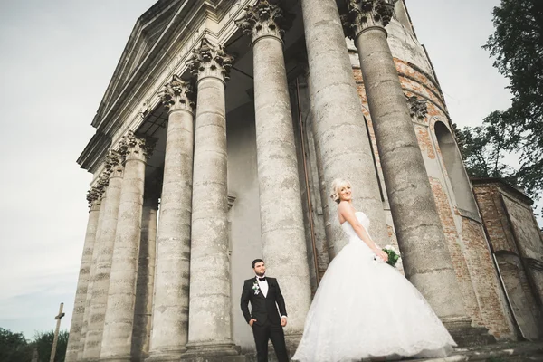 Feliz boda pareja abrazos y besos en el fondo viejo castillo —  Fotos de Stock