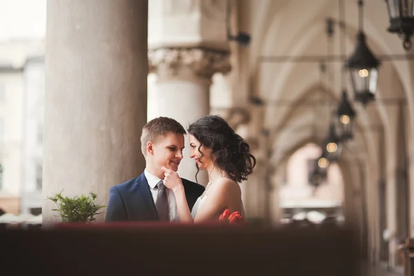 Esküvő házaspár, ember, a lány ül a kávézó csók és mosolyogva — Stock Fotó