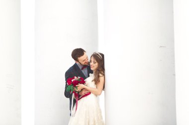 Güzel çift, gelin ve damat büyük beyaz sütun poz
