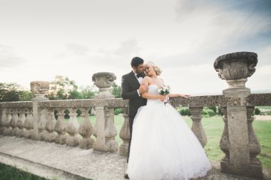 Güzel, romantik bir düğün. Yeni evliler. Eski kalenin yakınlarında sarılıyorlar.