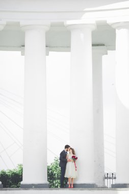 Lüks evli çift, gelin ve damat eski şehirde poz veriyor.