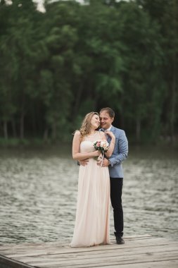 Zarif güzel düğün çifti bir göl kenarında günbatımında poz