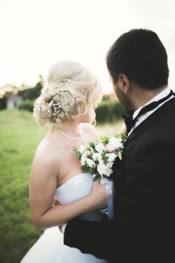 Güzel bir düğün çifti, gelin ve damat gün batımında sahada poz veriyorlar.