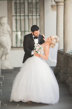 Lüks evli çift, gelin ve damat eski şehirde poz veriyor.