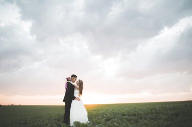 Güzel çift genç gelin ve damat günbatımı arka plan üzerinde. Güzel gökyüzü