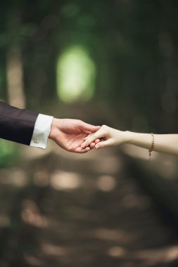 Gelin ve damat el ele tutuşuyor.