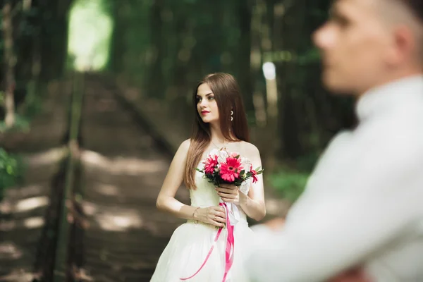 Bela noiva posando em seu dia de casamento no parque — Fotografia de Stock