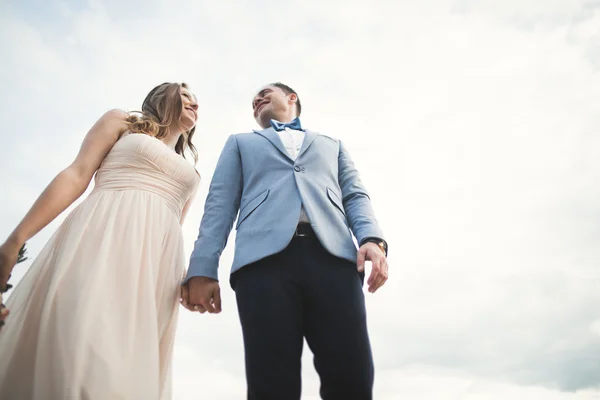 Elegant stylish groom with his happy gorgeous brunette bride on the background of a lake — Stock Photo, Image