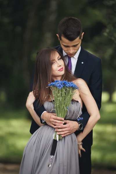 Young beautiful couple, girl with perfect dress posing in park — Stock Photo, Image